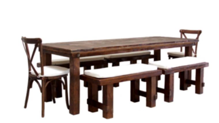 Package - 1 Mahogany Farm Table With 4 Short Benches And 2 Cross-Back Chairs Packages | Rental