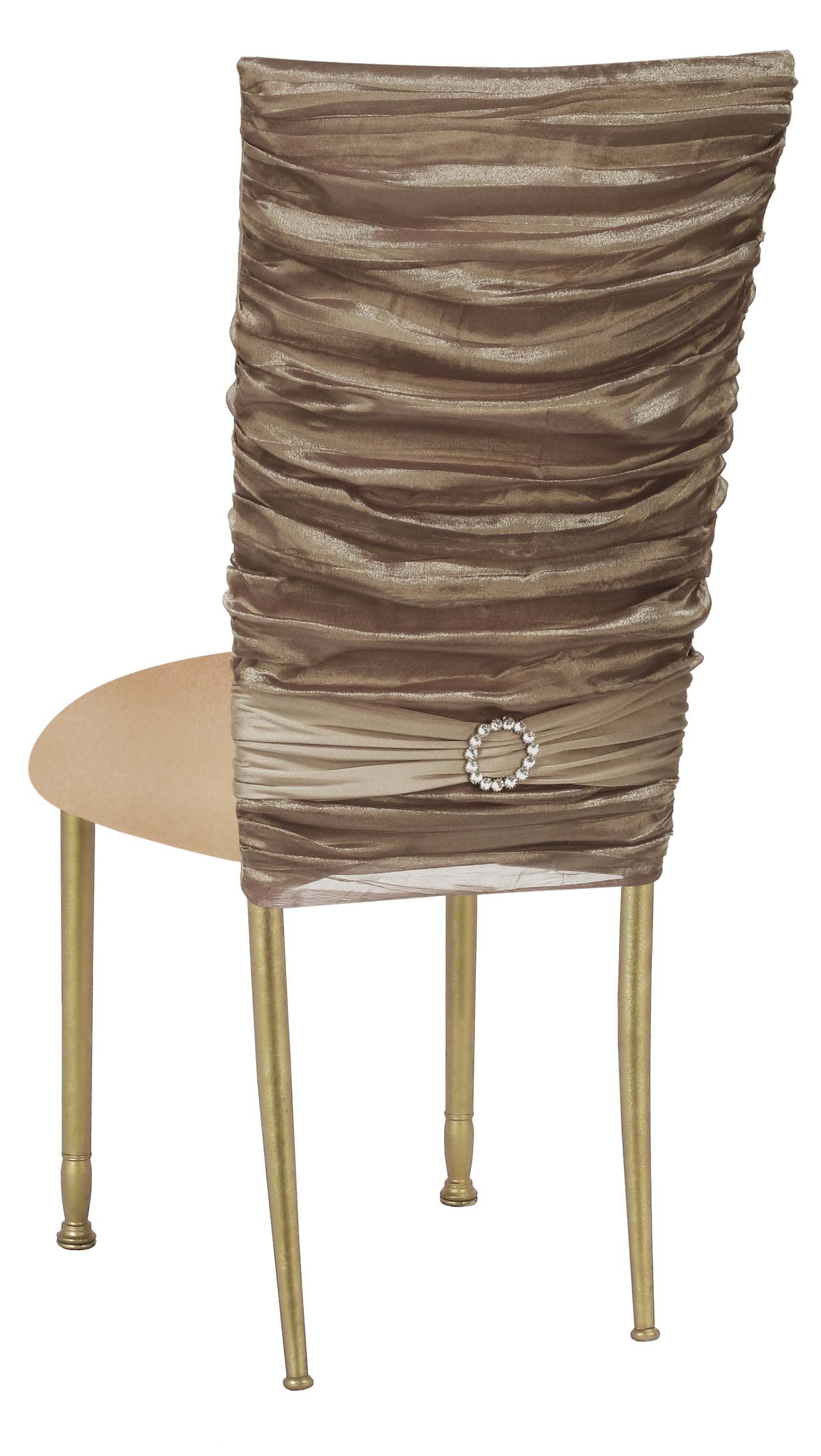 Beige Demure Cover with Jeweled Band and Beige Stretch Knit Cushion on Gold Legs - Chameleon Chair Collection | Rental