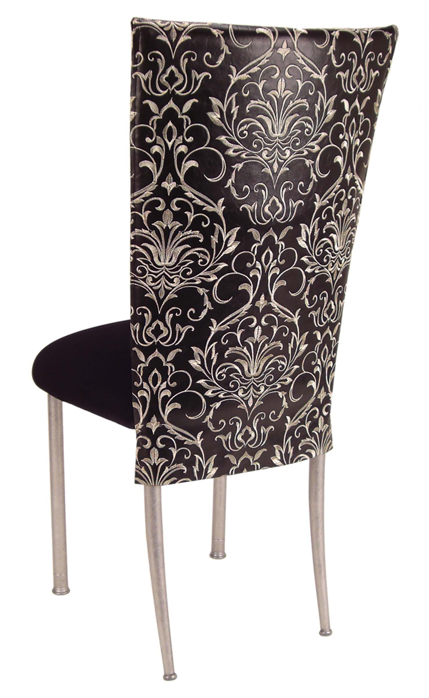 Black and White Dynasty Chair Cover with Black Stretch Knit Cushion on Silver Legs - Chameleon Chair Collection | Rental
