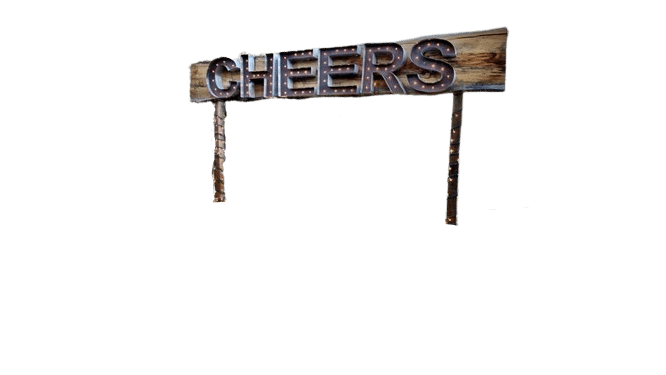 8' Rustic Cheers Sign Rental - w/6' Legs & Bases | Used - Purchase