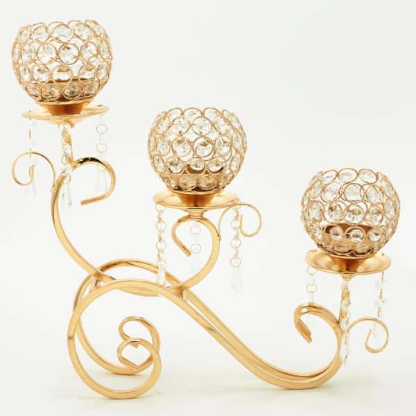 Decostar™ Gold and Crystal Bead Tabletop Low Candelabra - 16" x 4" x 15¼" | Rental