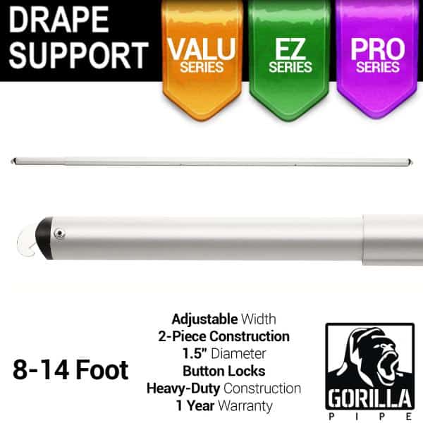 8-14ft Telescoping Drape Support w/ Button Stops at 10ft, 12ft | Rental