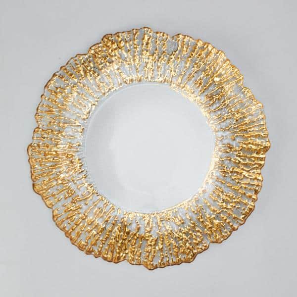 Decostar™ Glass Reef Charger Plate 13" - 8 Pack - Clear w/ Gold Rim | Rental