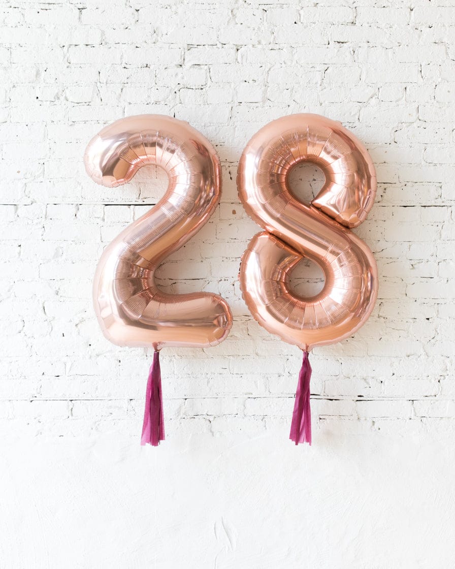 34in Rose Gold Foil Numbers with Burgundy Skirts | Purchase