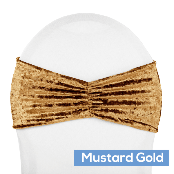 Premade Velvet Ruffle Stretch Chair Band - Mustard Gold | Rental
