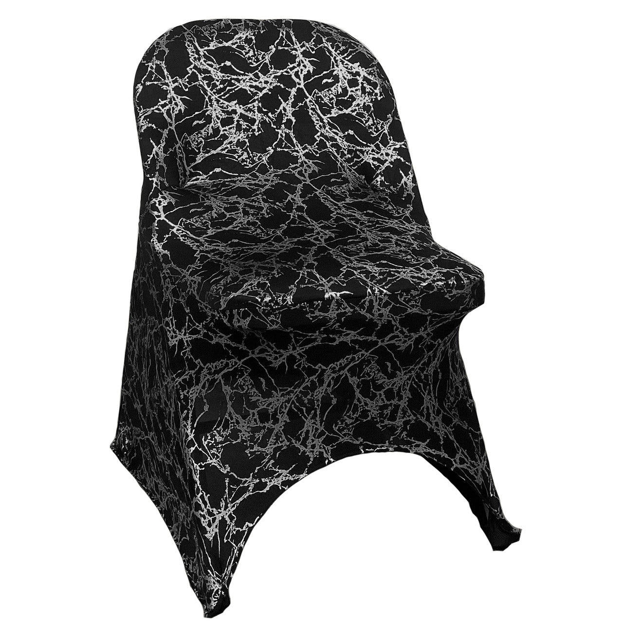 Print Spandex Folding Chair Cover in Black with Silver Marbling | Rental